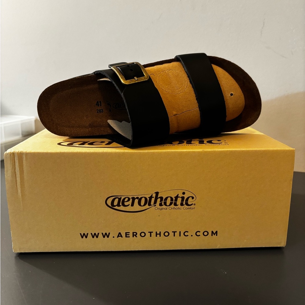 AEROTHOTIC - FLORENCE GENUINE LEATHER WEDGE PLATFORM SLIDE SANDALS SLIP ON